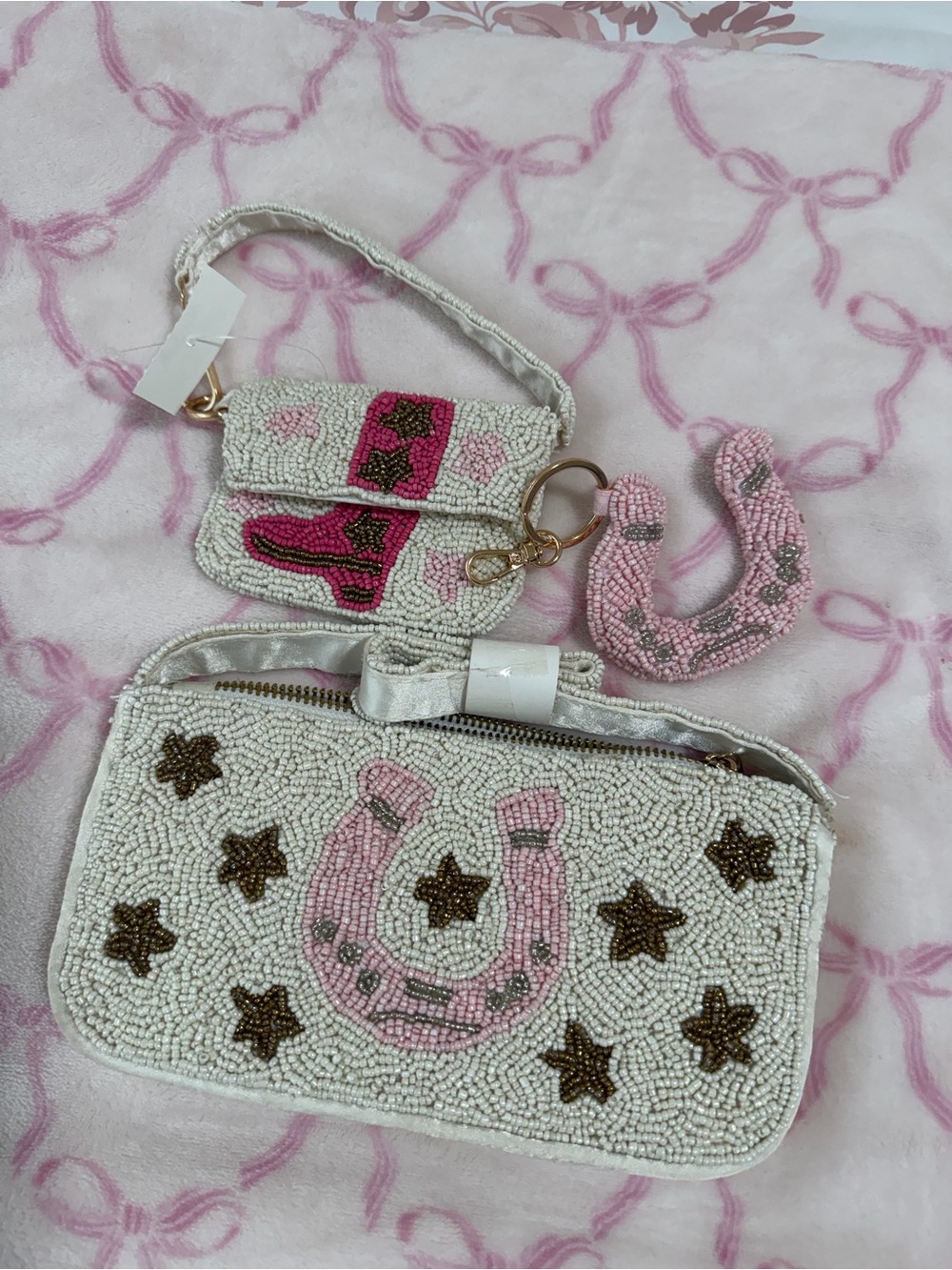 Beaded Horseshoe Clutch & Wristlet Set in White and Pink